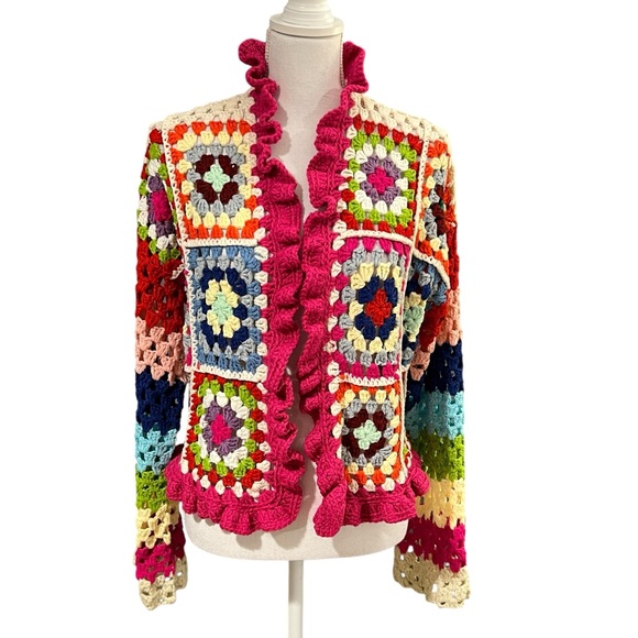 Elan Retro Multicolor Crocheted Cardigan Ruffle Trim Boho Grandmacore Sz LARGE - Picture 1 of 9